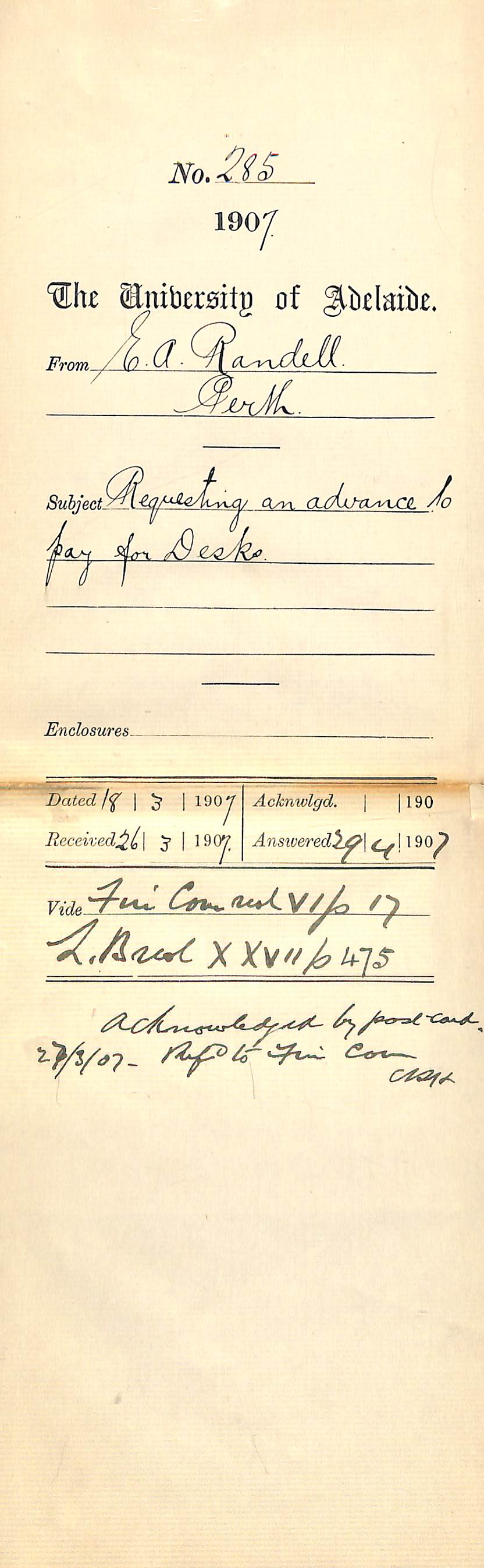 E A Randell - Perth - Requesting an advance to pay for Desks