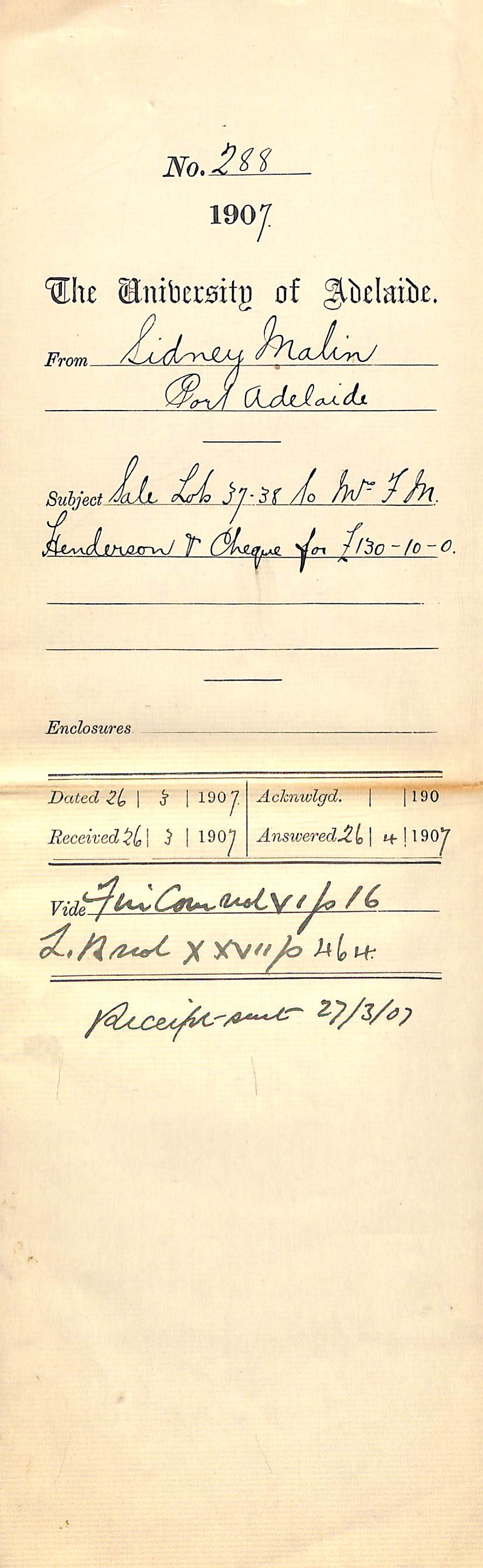 Sidney Malin - Port Adelaide - Sale Lots 37-38 to Mrs F M Henderson and cheque for &pound;130-10-0