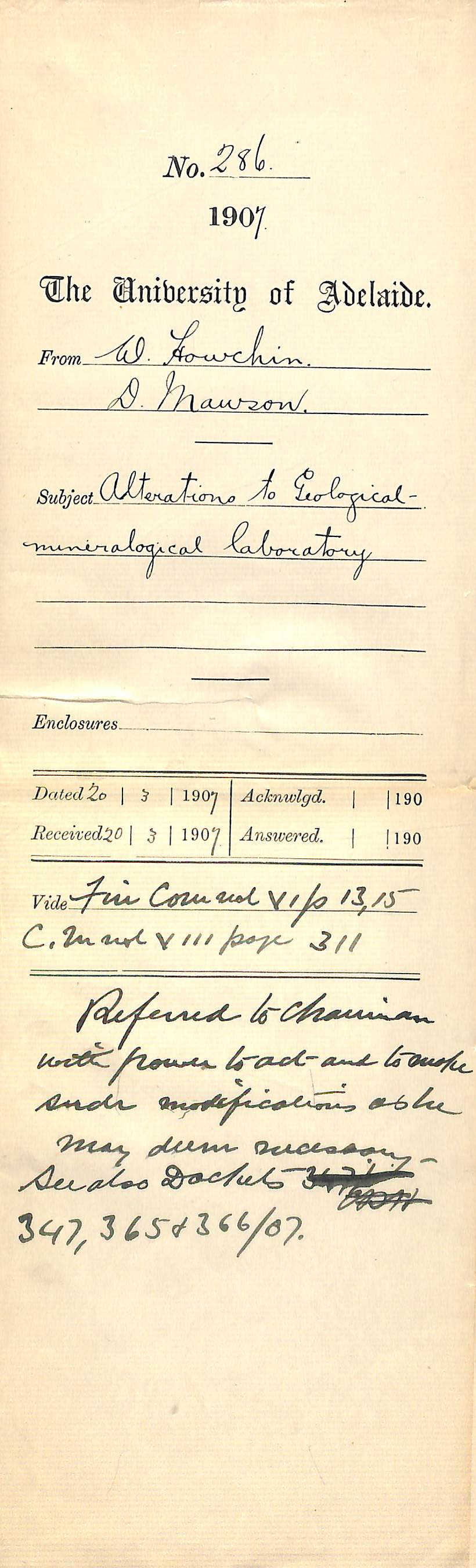Walter Howchin - Douglas Mawson - Alterations to Geological - Mineralogical Laboratory