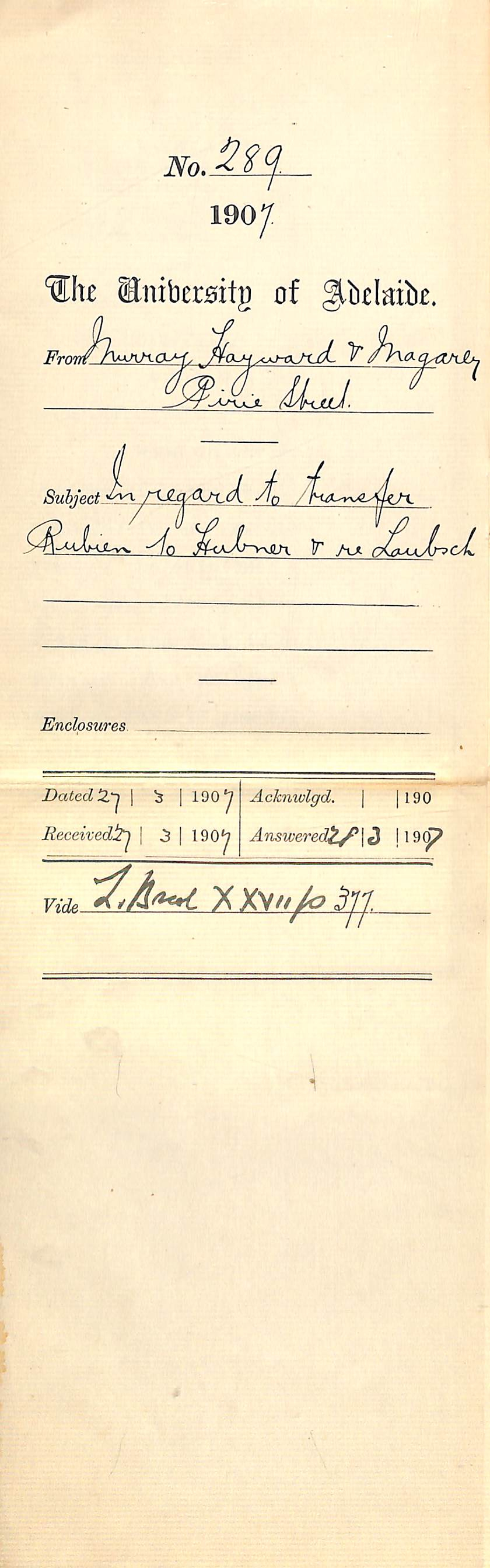 Murray Hayward and Magarey - Pirie Street - In regard to transfer Rubien to Hubner and re Laubsch