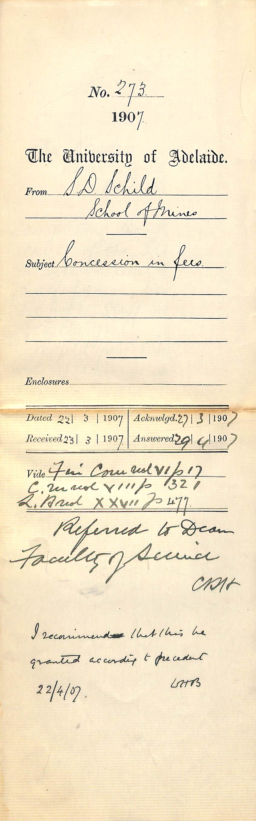 Stanley Dickerson Schild - School of Mines - Concession in Fees