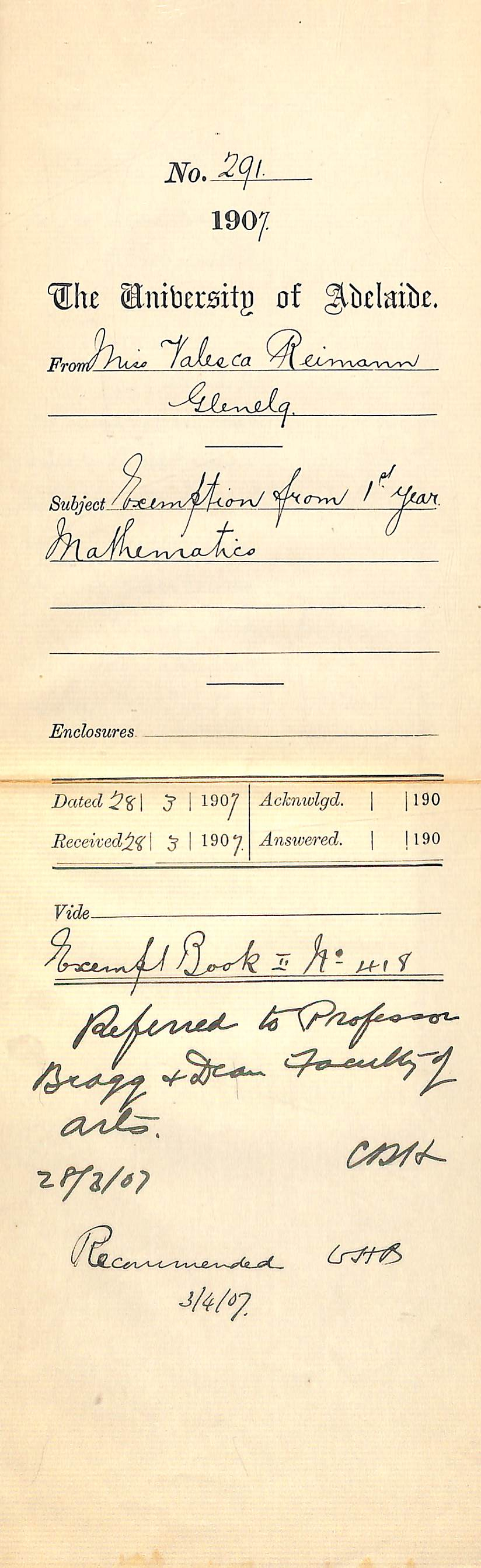 Miss Valesca Reimann - Glenelg - Exemption from 1st Year Mathematics