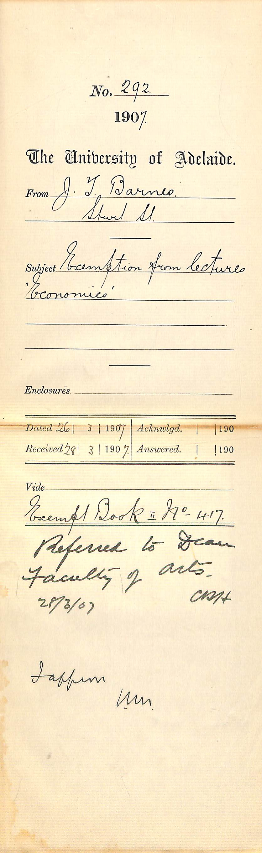 Joseph T Barnes - Sturt Street - Exemption from lectures Economics