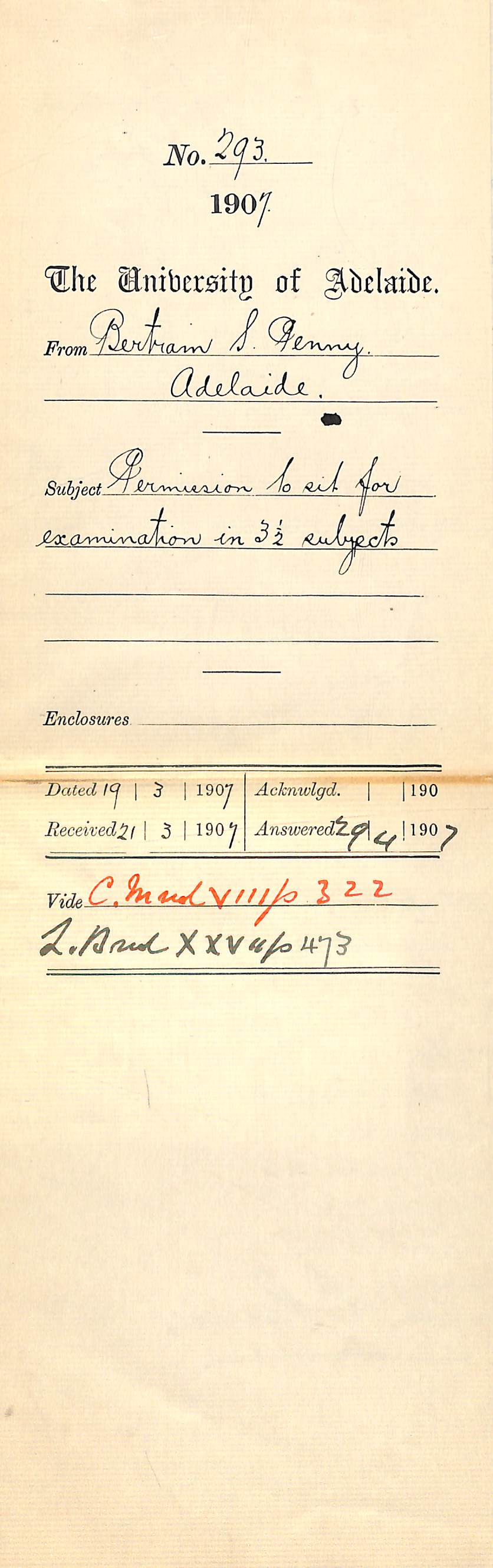 Bertram S Penny - Adelaide - Permission to sit for Examination in 3 1/2 Subjects