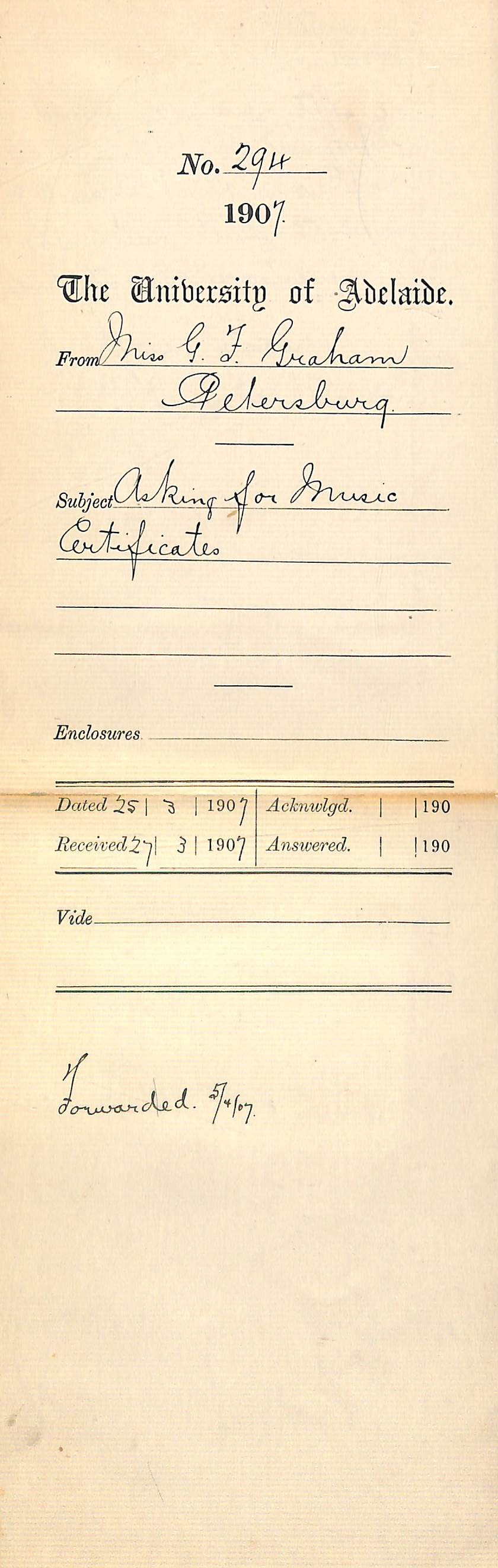 Miss G F Graham - Petersburg - Asking for Music Certificates