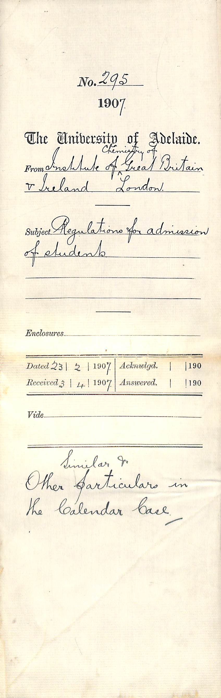 Institute of Chemistry of Great Britain and Ireland - London - Regulations for admission of students