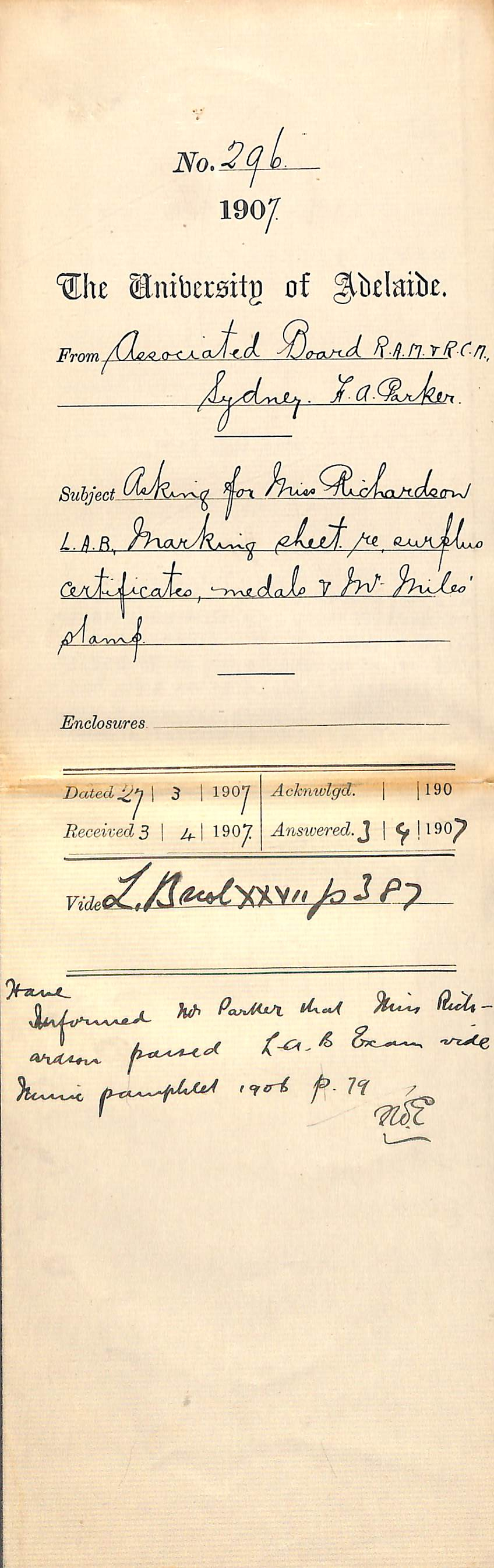 H A Parker - Associated Board Royal Academy of Music and Royal College of Music Sydney - Asking for Miss Richardson L A B Marking Sheet re Surplus Certificates Medals Mr Miles stamp