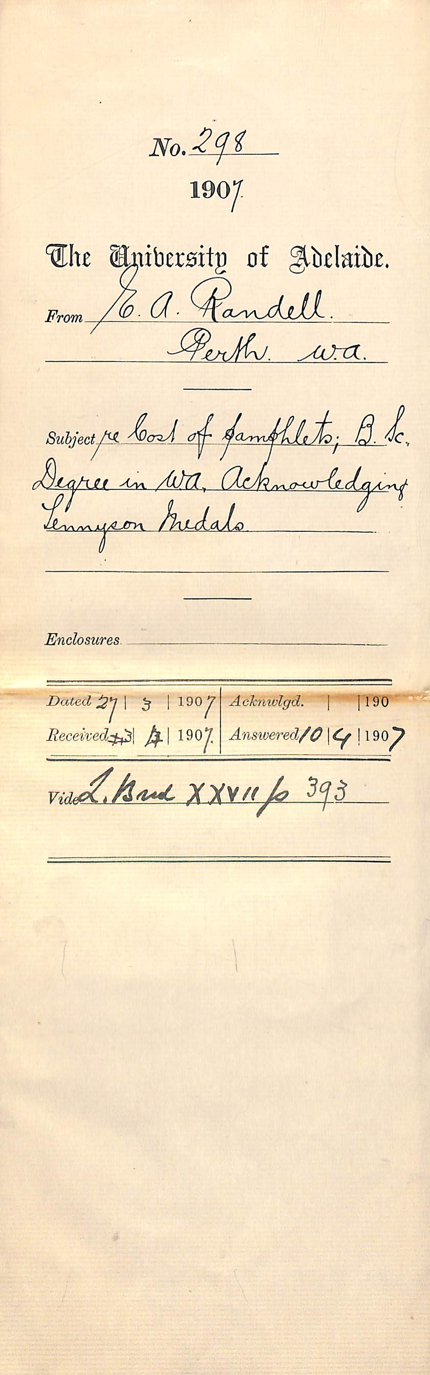 E A Randell - Perth - Cost of Pamphlets BSc Degree in Western Australia Acknowledging Tennyson Medals