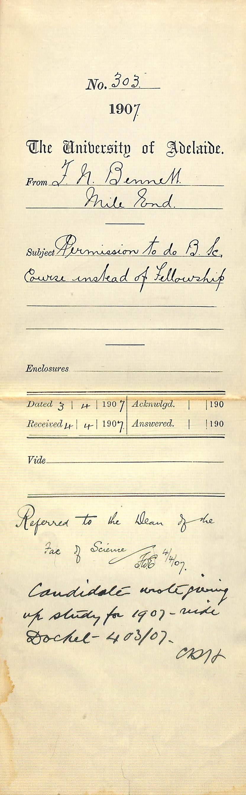 Frank N Bennett - Mile End - Permission to do BSc Course instead of Fellowship