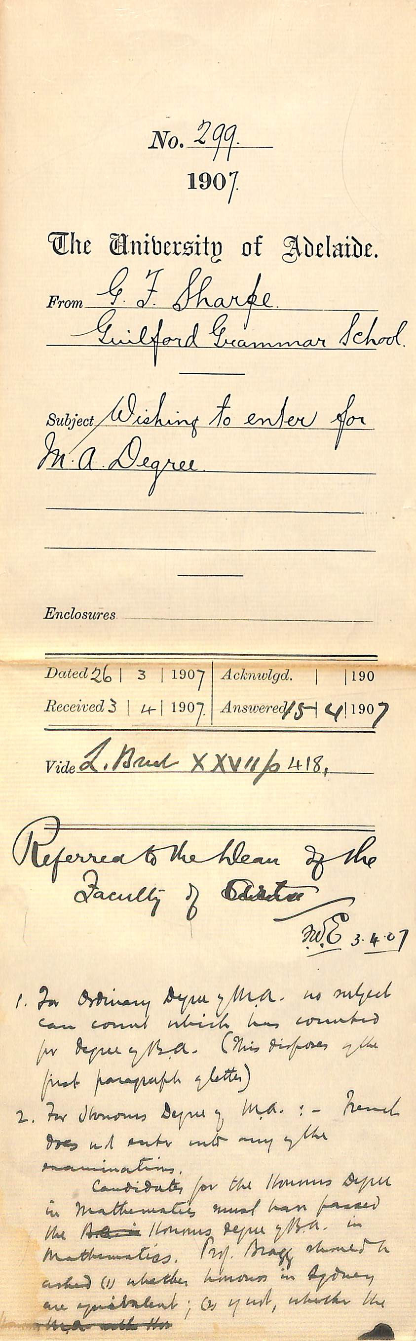 G F Sharpe - Guilford Grammar School - Wishing to enter for MA Degree