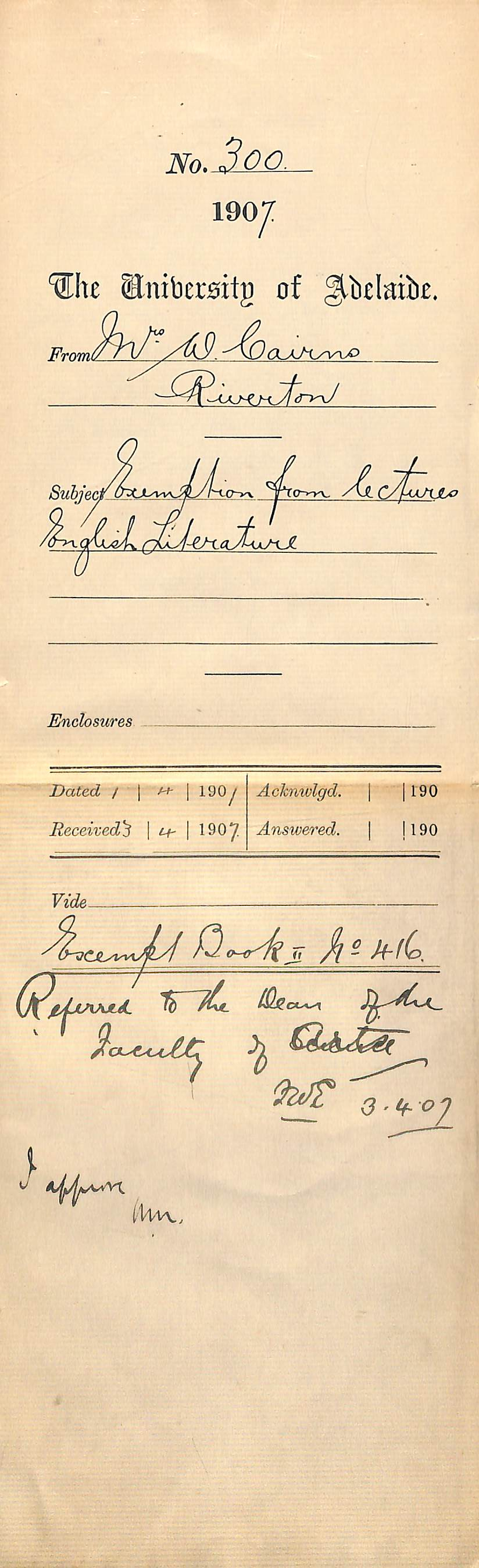 Mrs W Cairns - Riverton - Exemption from lectures English Literature