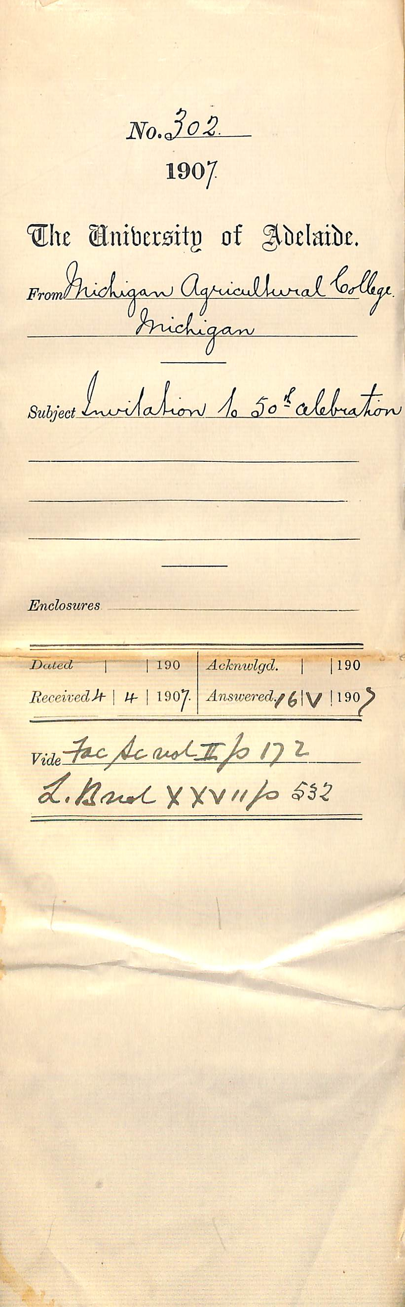 Michigan Agricultural College - Michigan - Invitation to 50th Celebration