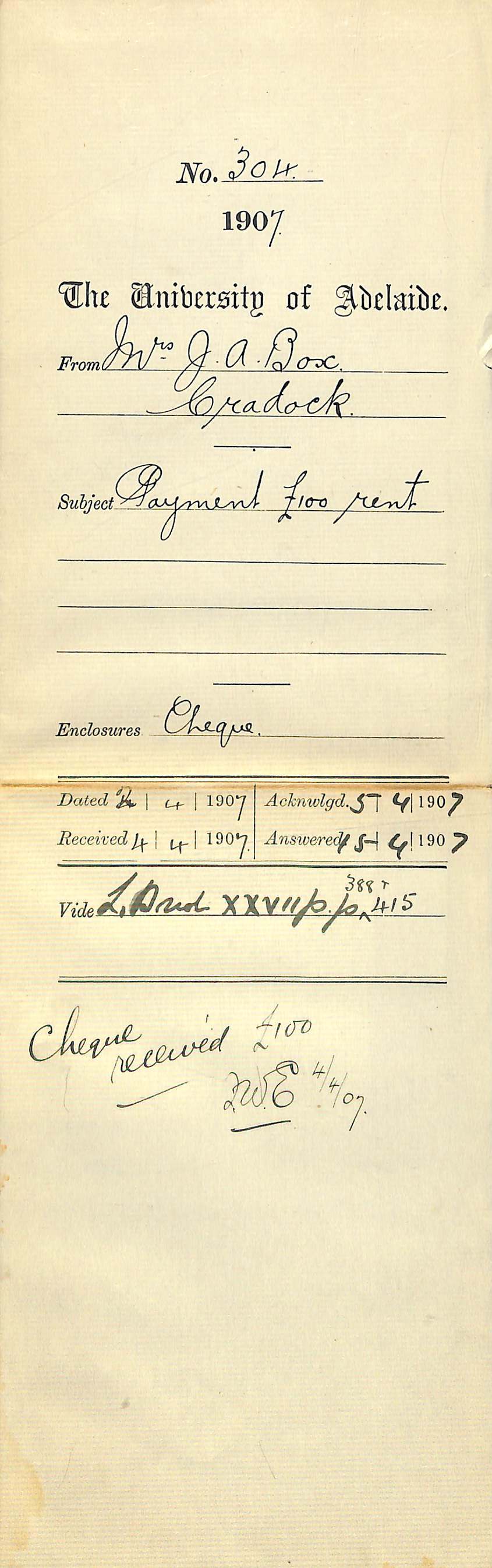 Mrs J A Box - Cradock - Payment &pound;100 rent