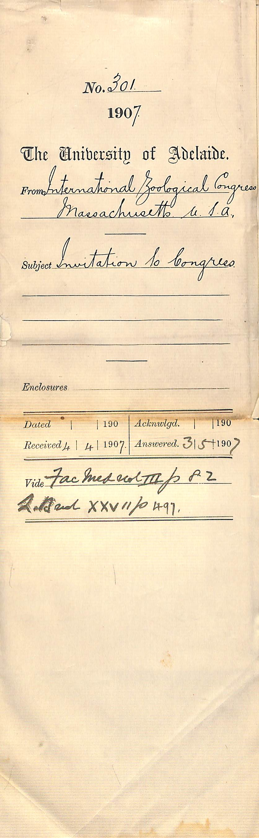 International Zoological Congress - Massachusetts United States of America - Invitation to Congress