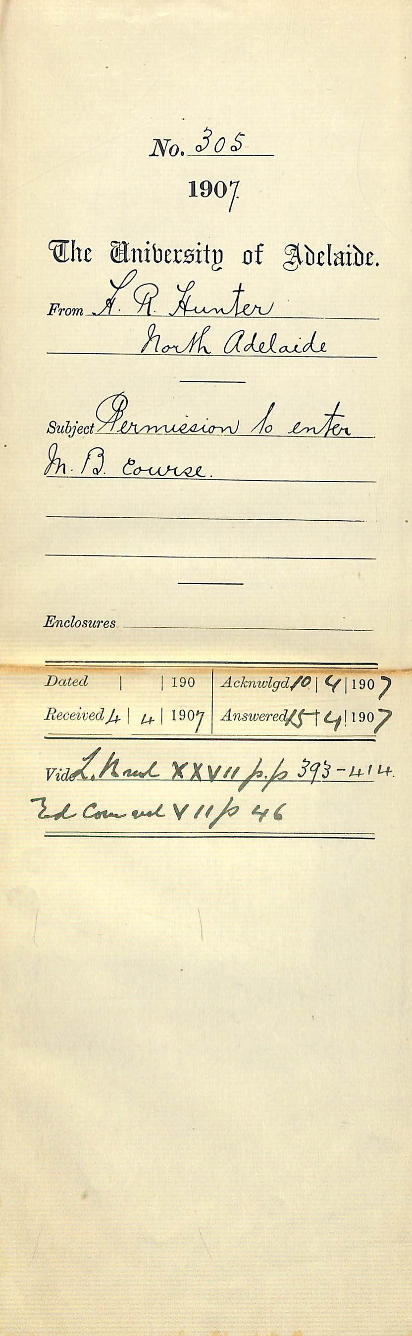 H R Hunter - North Adelaide - Permission to enter MB Course