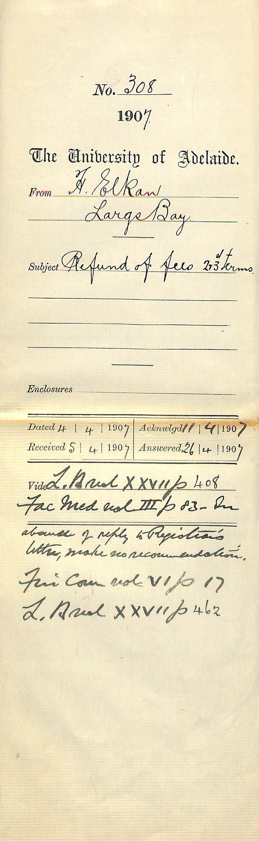 H Elkan - Largs Bay - Refund of fees 2nd and 3rd Terms