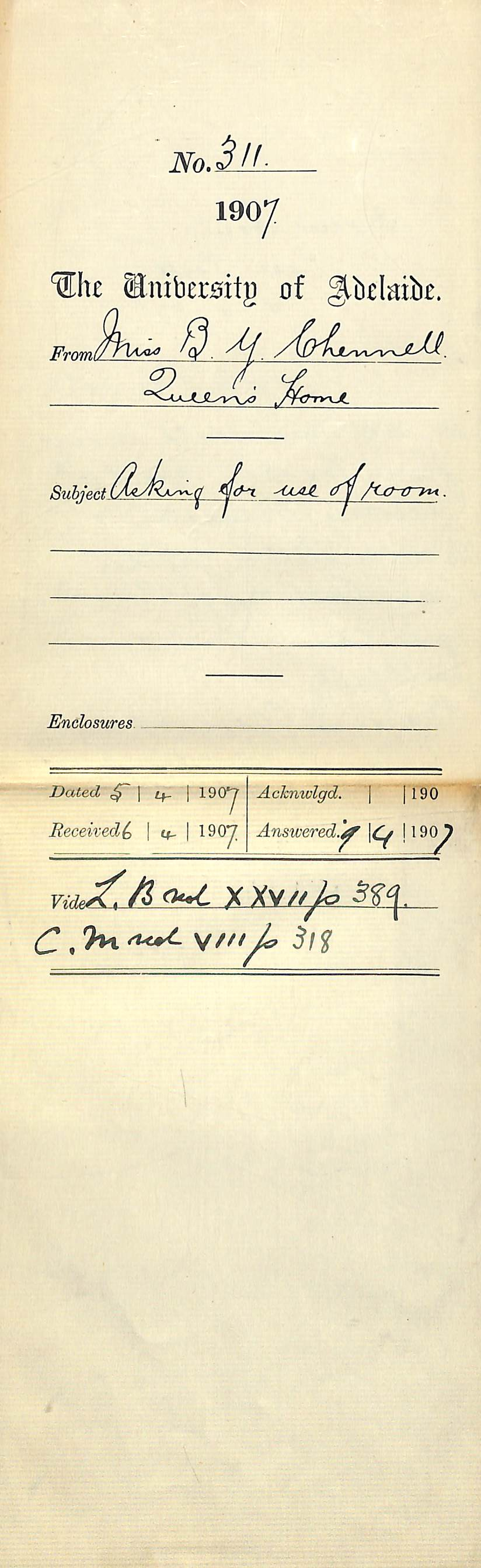 Miss Bessie Y Chennell - Queens Home - Asking for use of Room