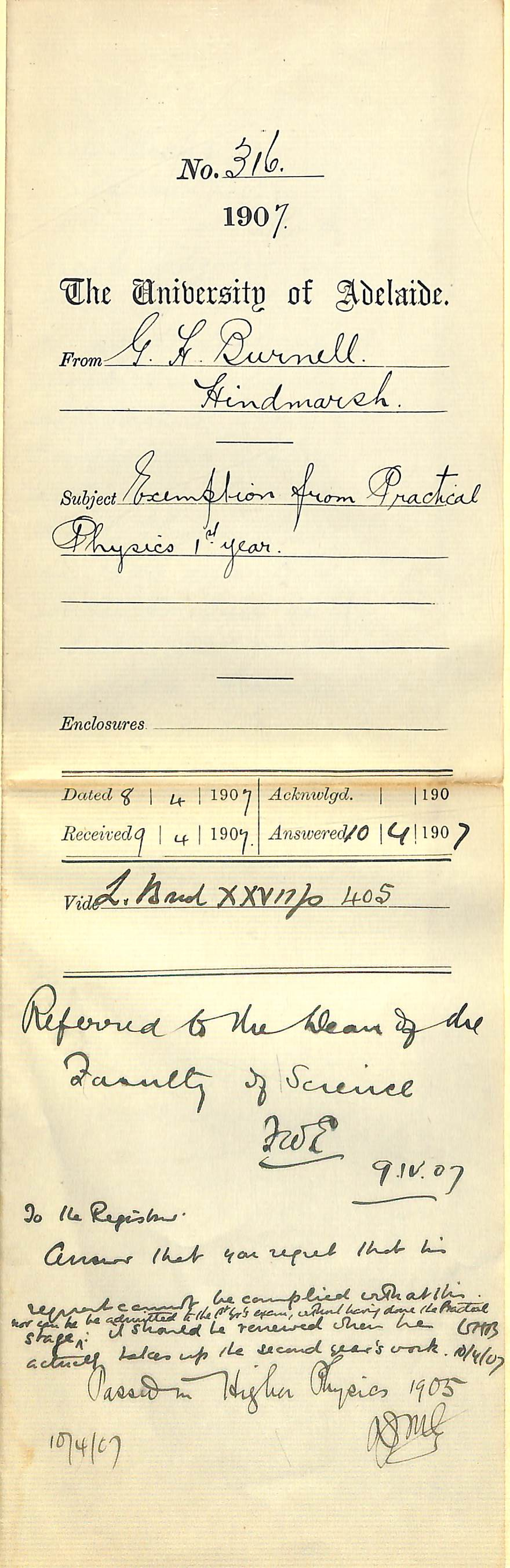 Glen H Burnell - Hindmarsh - Exemption from Practical Physics 1st Year