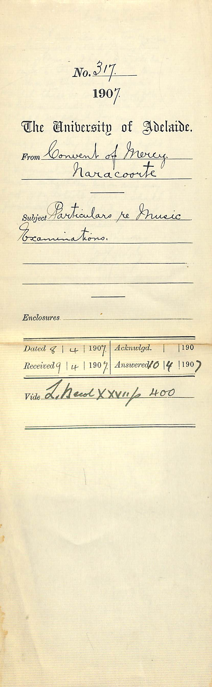 Convent of Mercy - Naracoorte - Particulars re Music Examinations