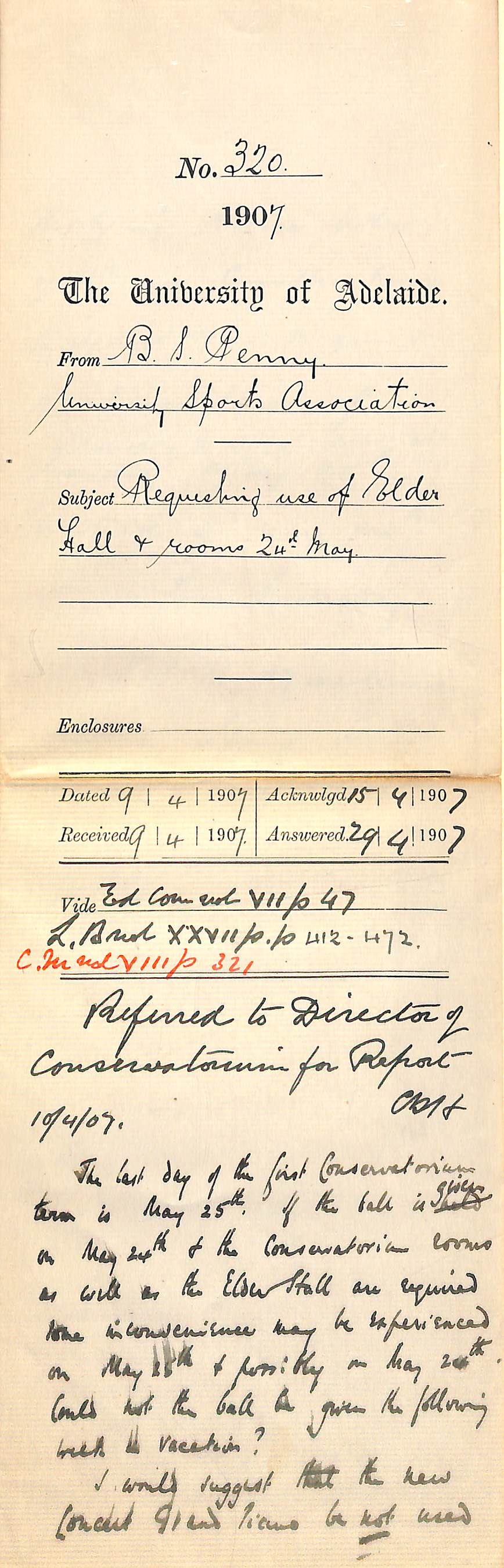 Bertram S Penny - University Sports Association - Requesting use of Elder Hall and Rooms 24th May