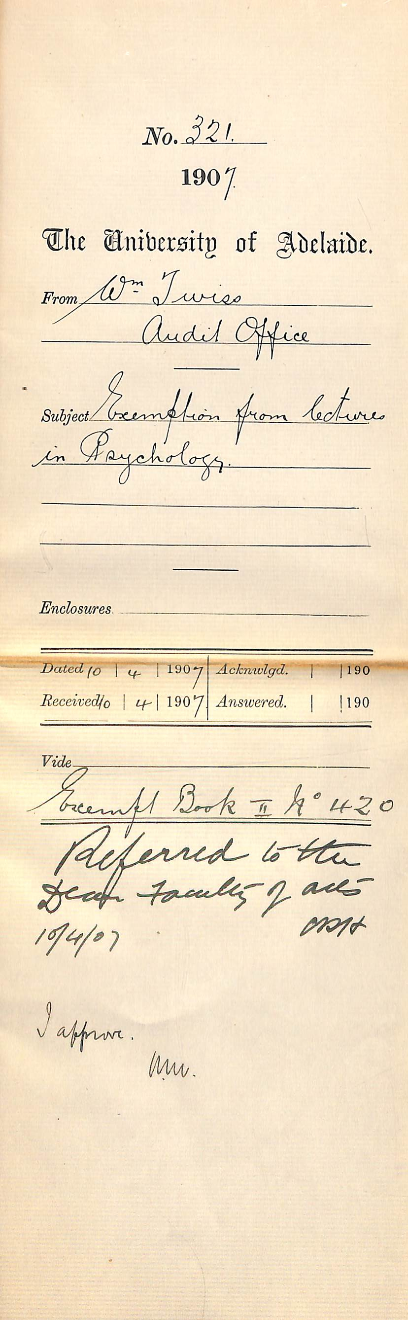 William Twiss - Audit Office - Exemption from lectures in Psychology