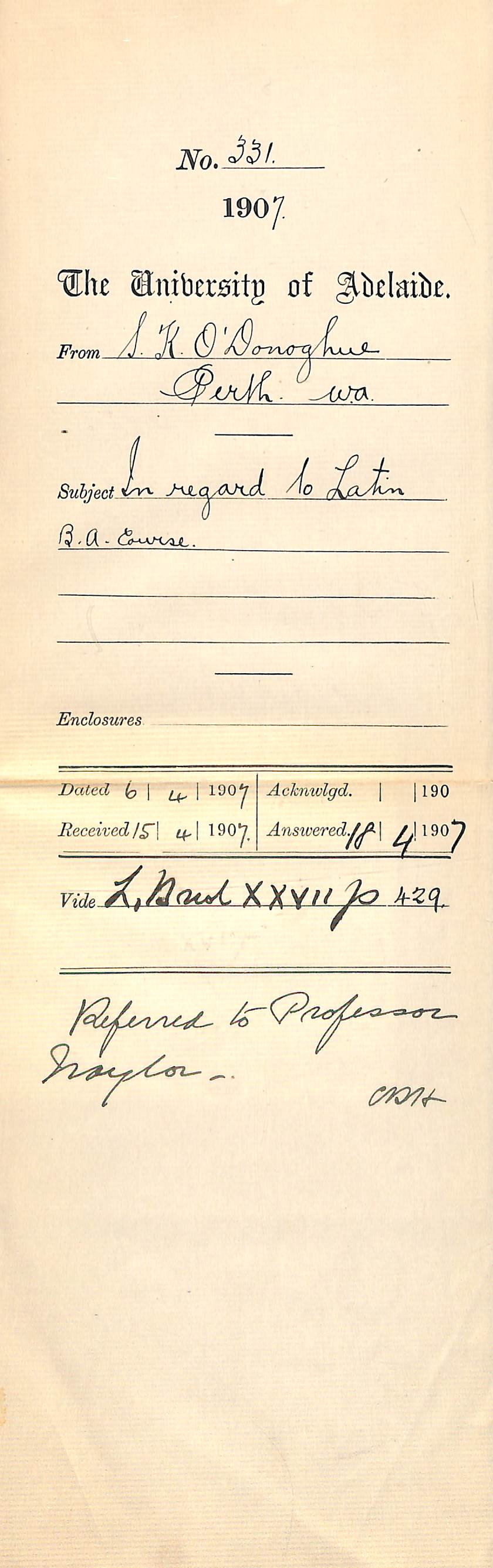 S K O'Donoghue - Perth Western Australia - In regard to Latin BA Course