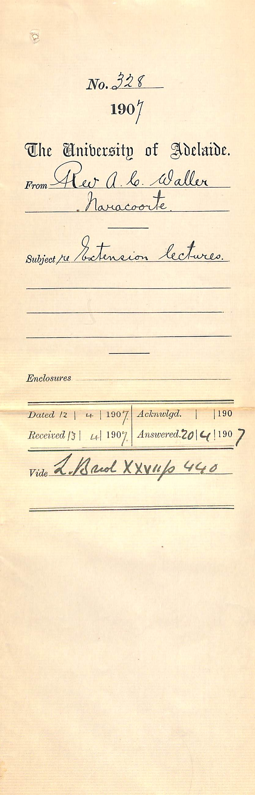 Reverend A C Waller - Naracoorte - Extension Lectures