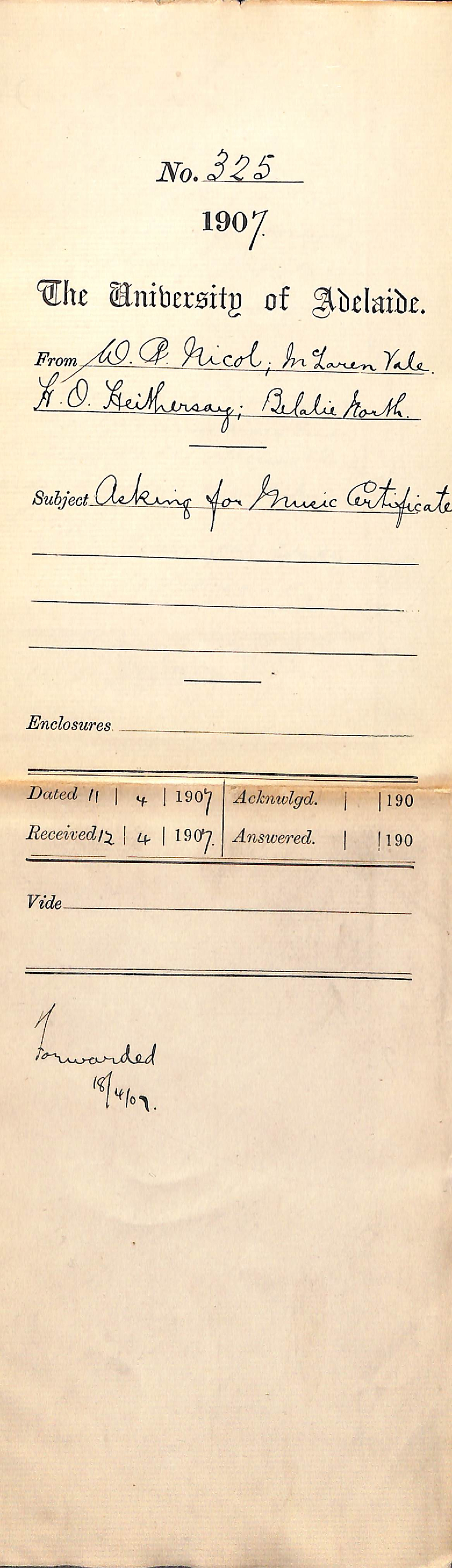 W P Nicol McLaren Vale H O Heithersay Belalie North - Asking for Music Certificates