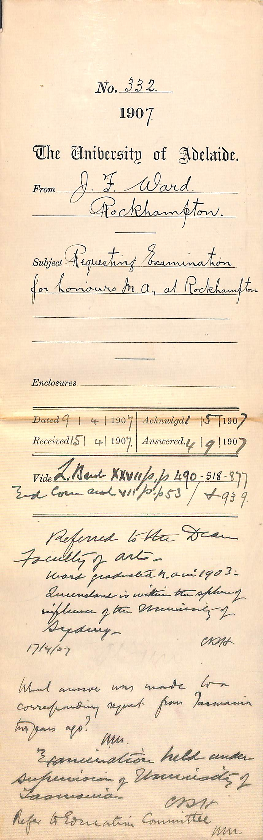 J F Ward - Rockhampton - Requesting Examination for Honours MA at Rockhampton