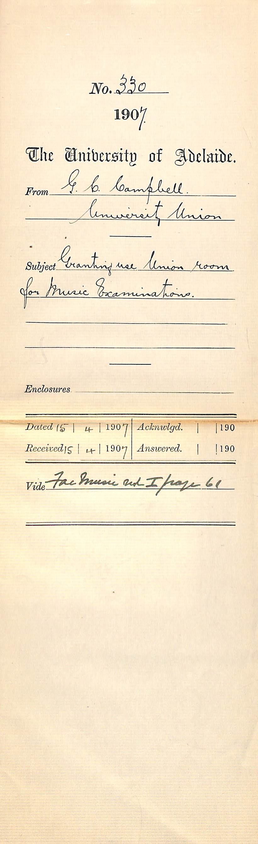 G C Campbell - University Union - Granting use Union Room for Music Examinations