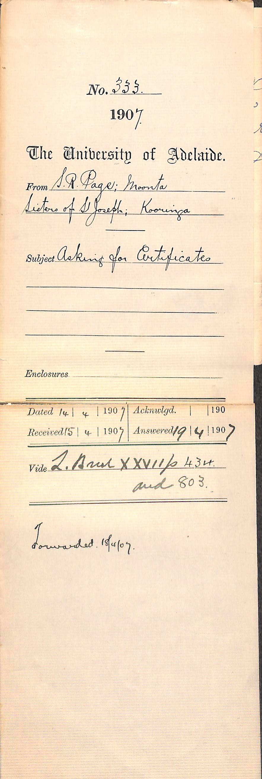 S R Page Moonta Sisters of St Joseph Kooringa - Asking for Certificates