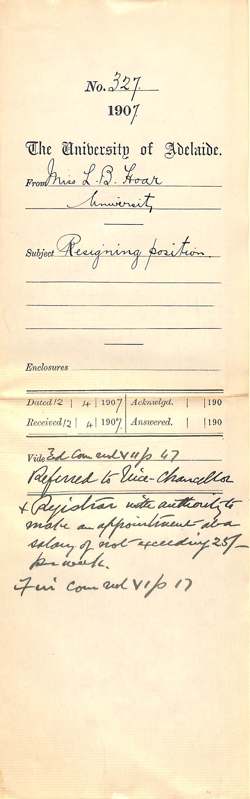 Miss Lilian B Hoar - University - Resigning position