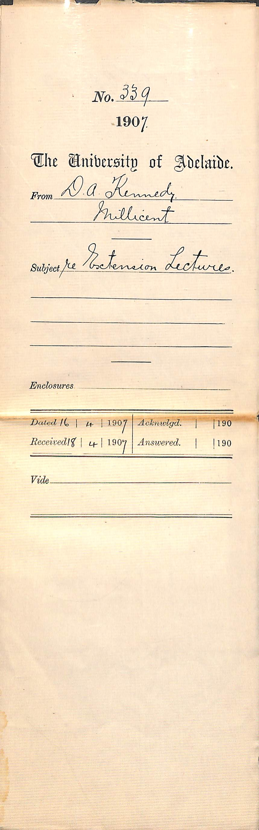 D A Kennedy - Millicent - Extension Lectures