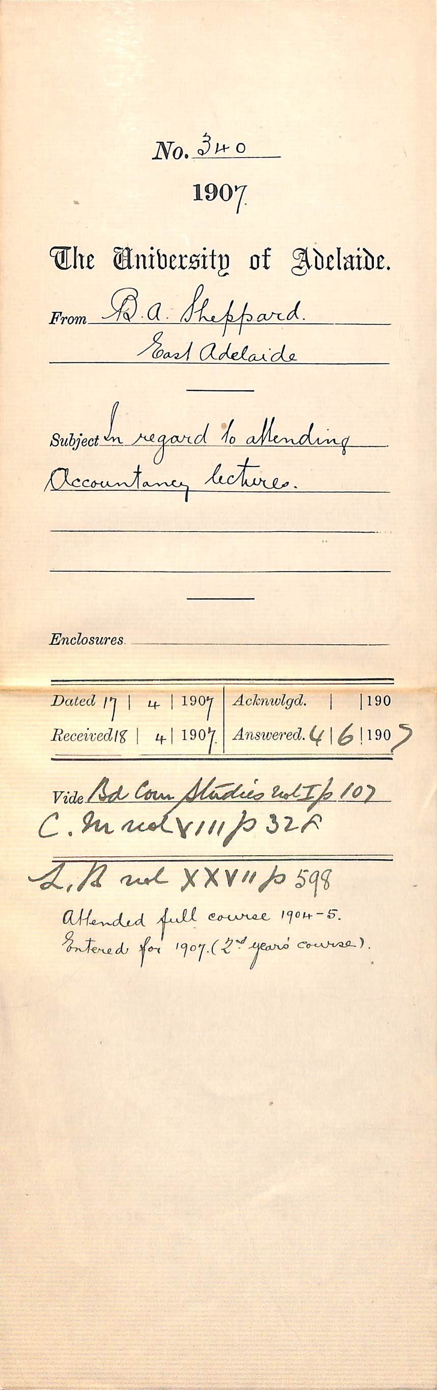 Bernard Aubrey Sheppard - East Adelaide - In regard to attending Accountancy Lectures
