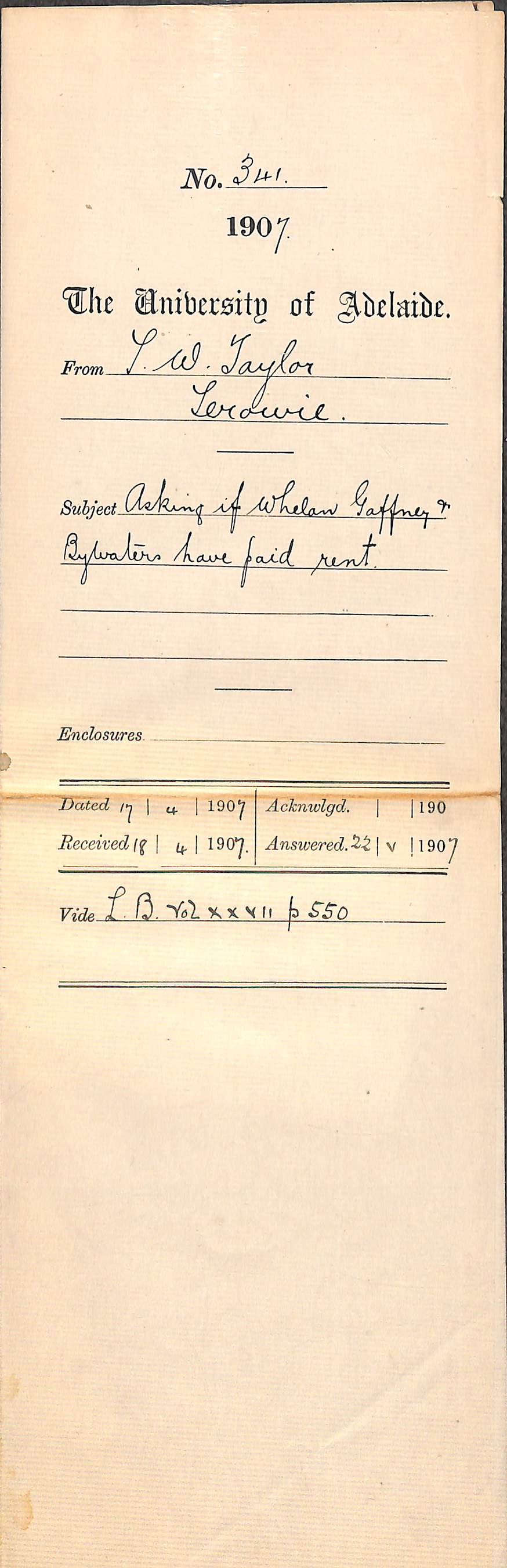 Thomas W Taylor - Terowie - Asking if Whelan Gaffney and Bywaters have paid rent