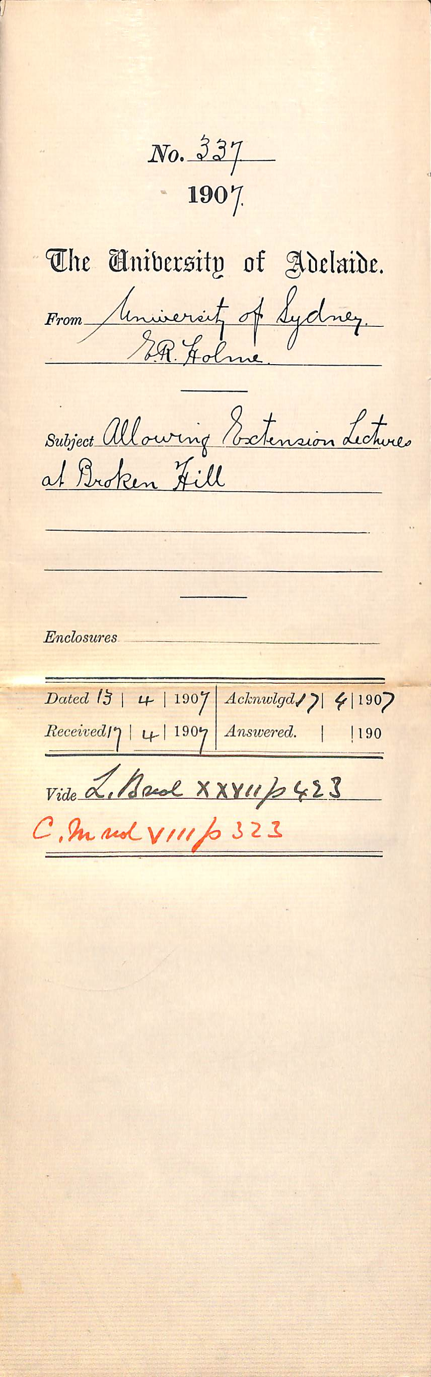 E R Holme - University of Sydney - Allowing Extension Lectures at Broken Hill