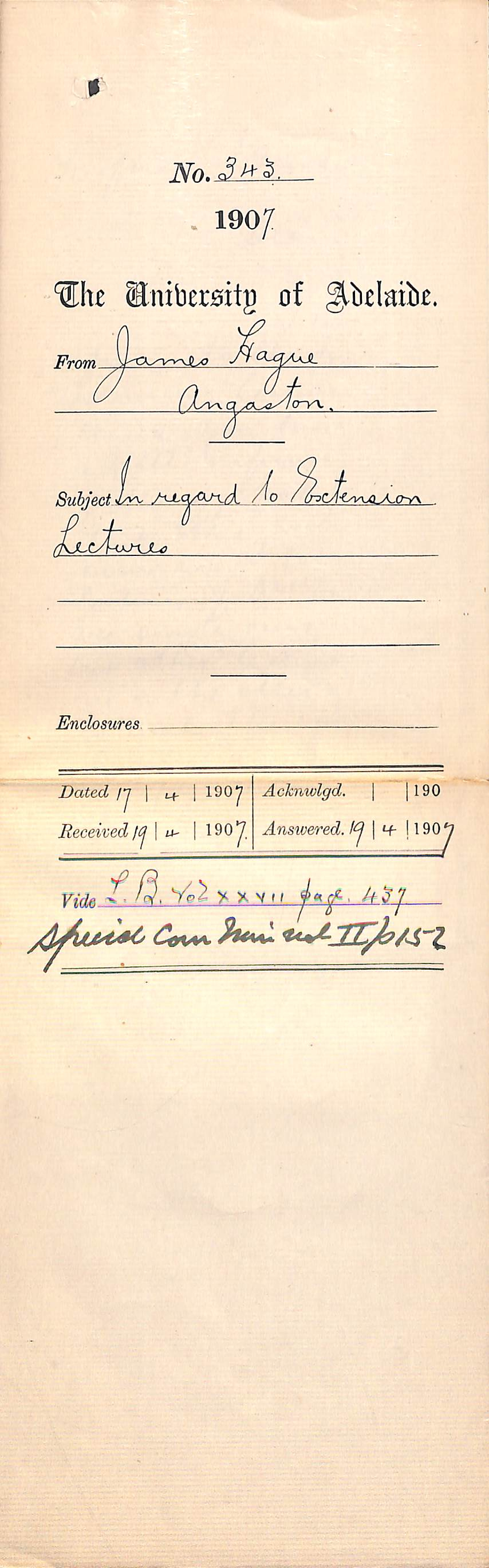 James Hague - Angaston - In regard to Extension Lectures