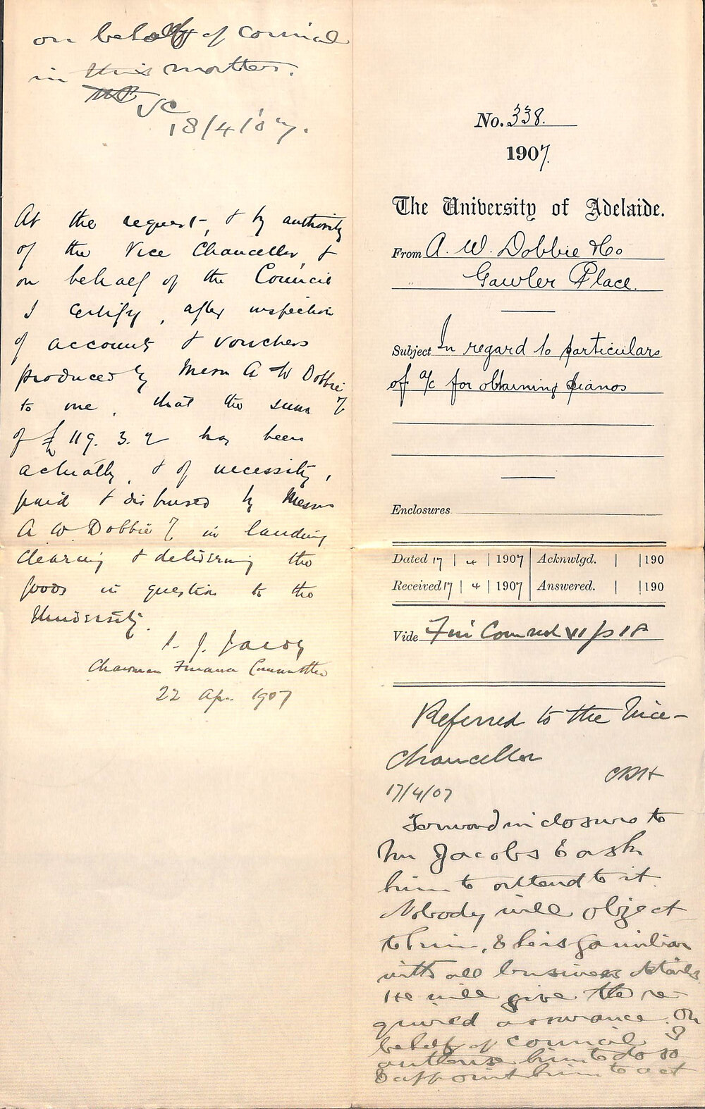 A W Dobbie and Company - Gawler Place - In regard to particulars of Account for obtaining Pianos