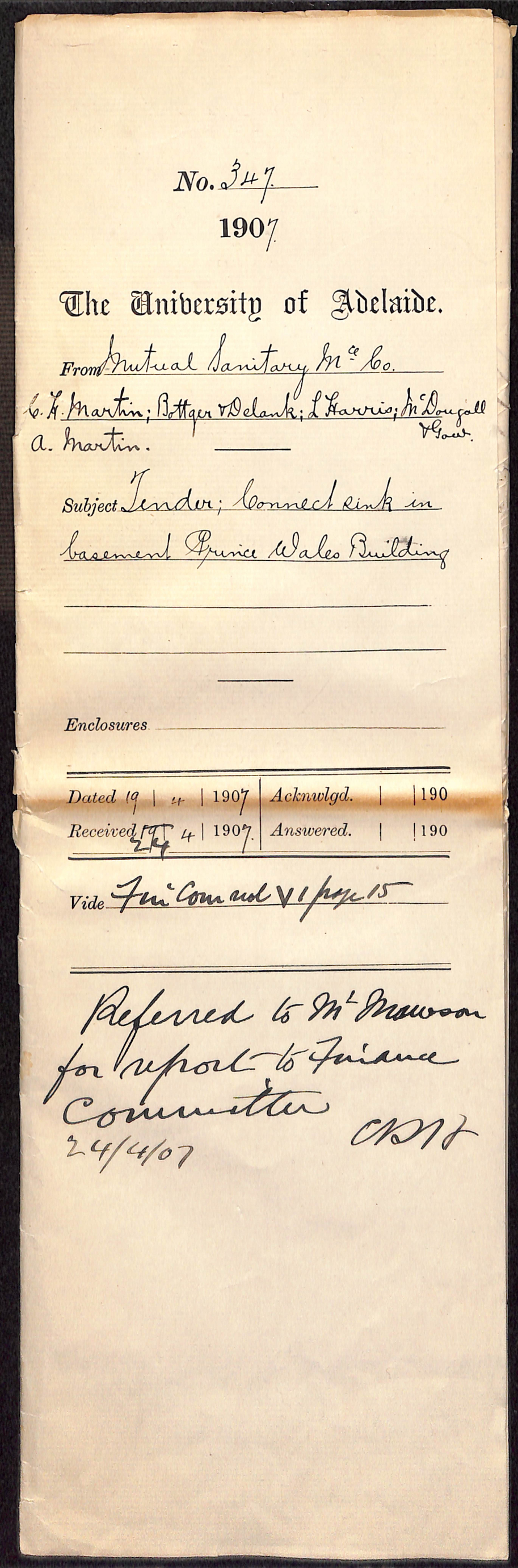 Mutual Sanitary Maintenance Company CH Martin Bottger Delank L Harris McDougall Gow A Martin - Tender Connect sink in basement Prince Wales Building