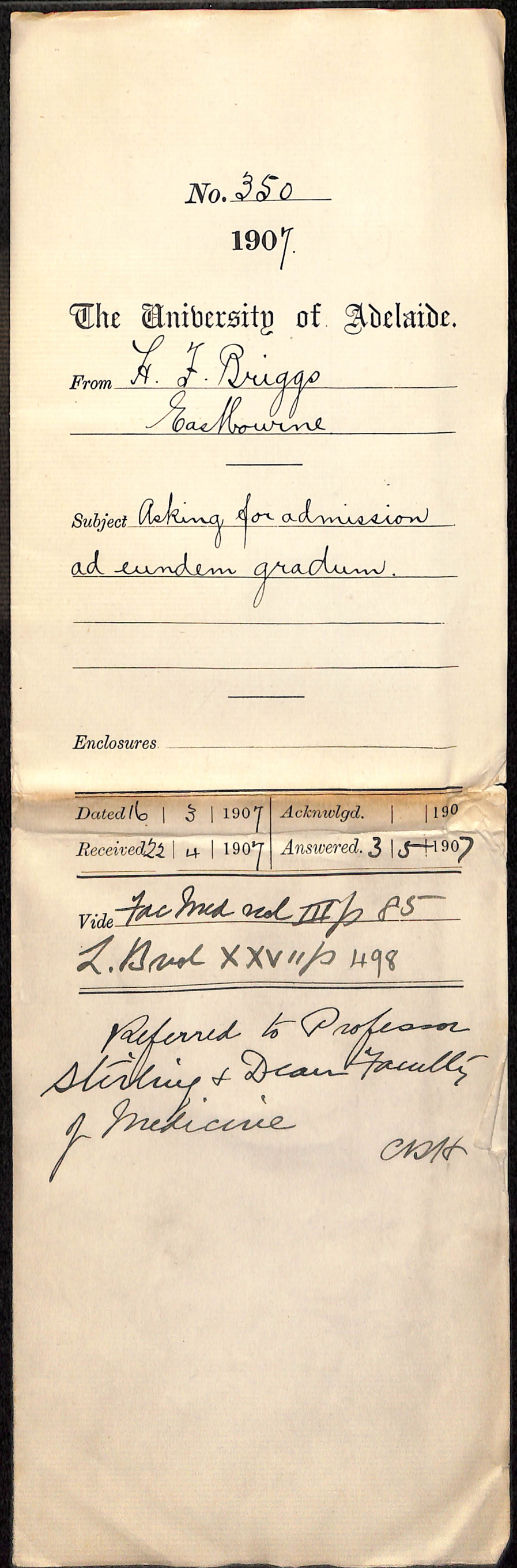 Harry Fielden Briggs - Eastbourne - Asking for admission ad eundem gradum