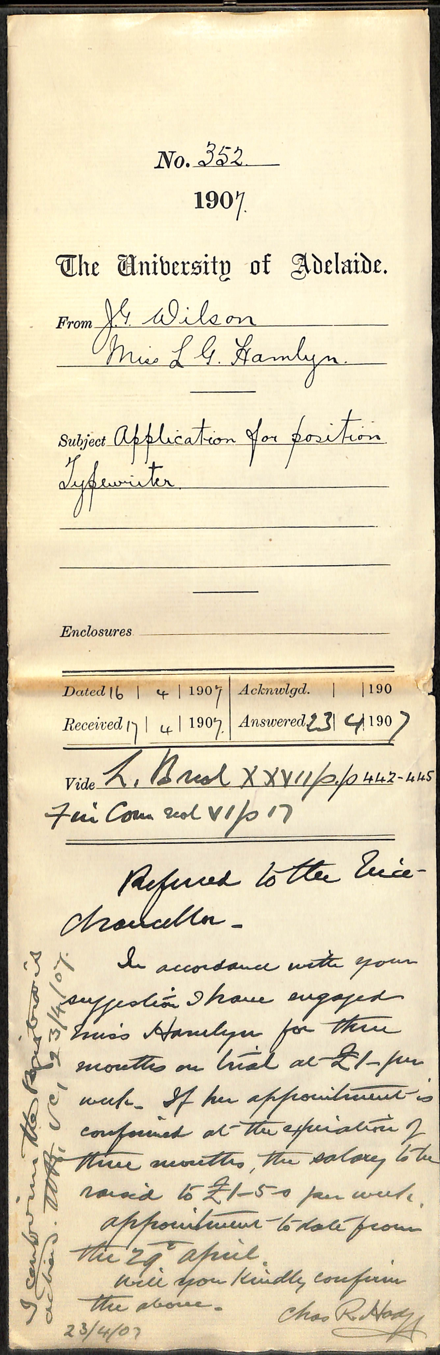 J G Wilson - Lilian G Hamlyn - Application for position Typewriter