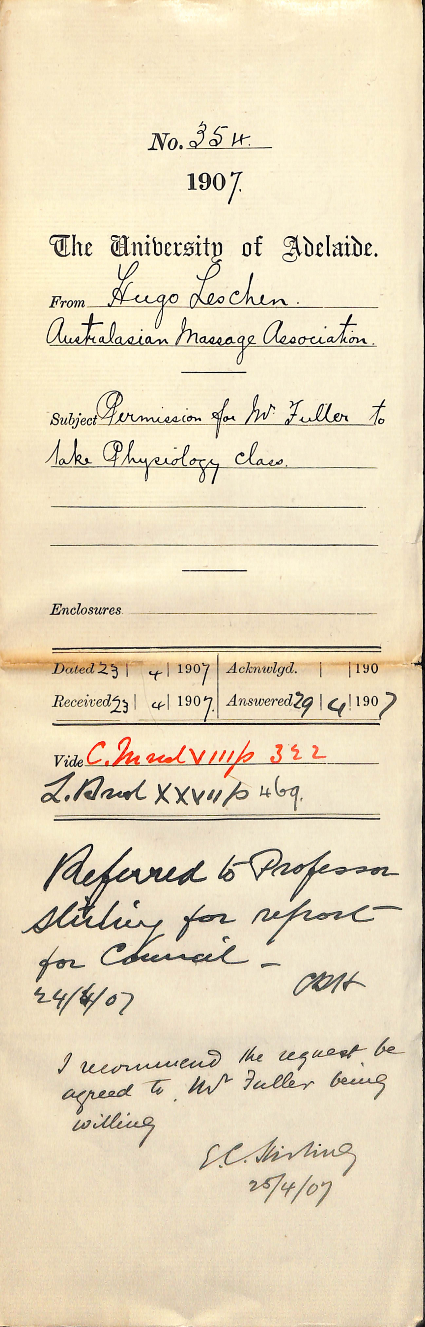 Hugo Leschen - Australasian Massage Association - Permission for Mr Fuller to take Physiology Class