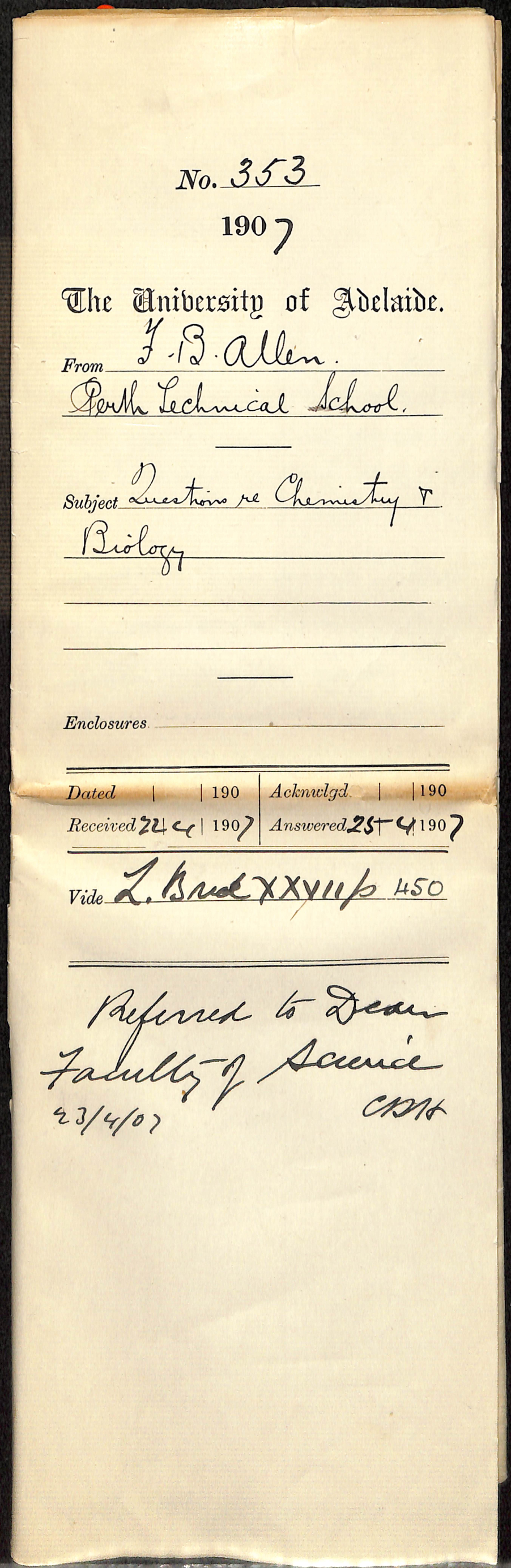 F B Allen - Perth Technical School - Questions re Chemistry and Biology