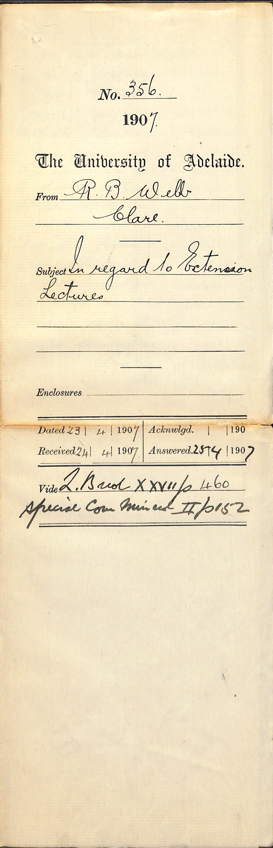 R B Webb - Clare - In regard to Extension Lectures