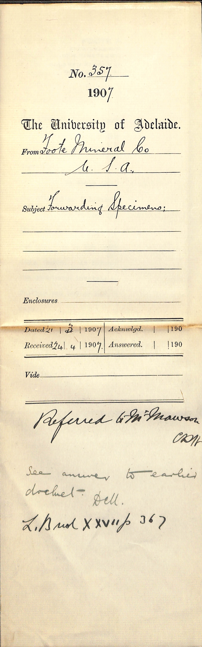 Foote Mineral Company - United States of America - Forwarding Specimens