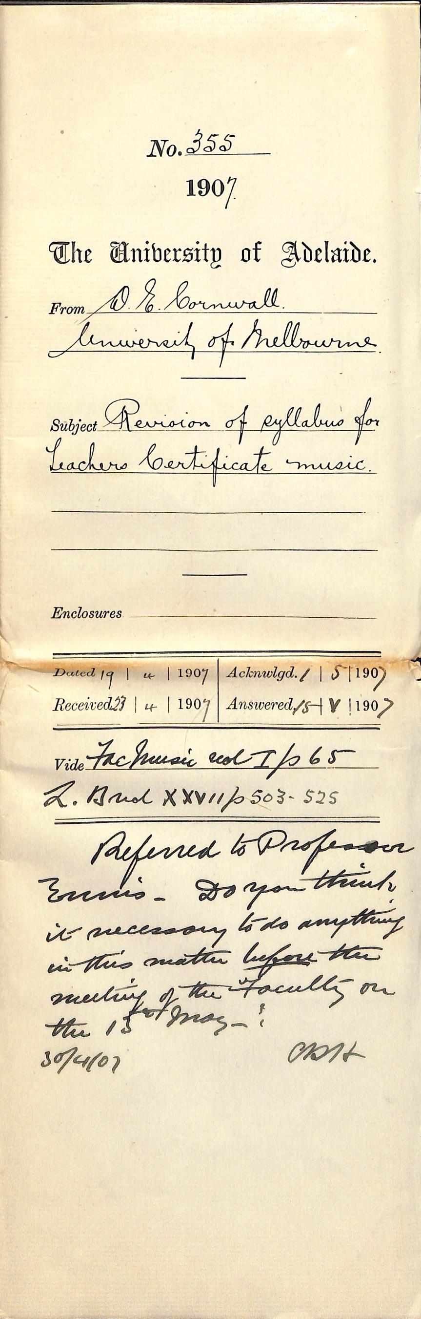 Walter Emerson Cornwall - University of Melbourne - Revision of Syllabus for Teachers Certificate Music