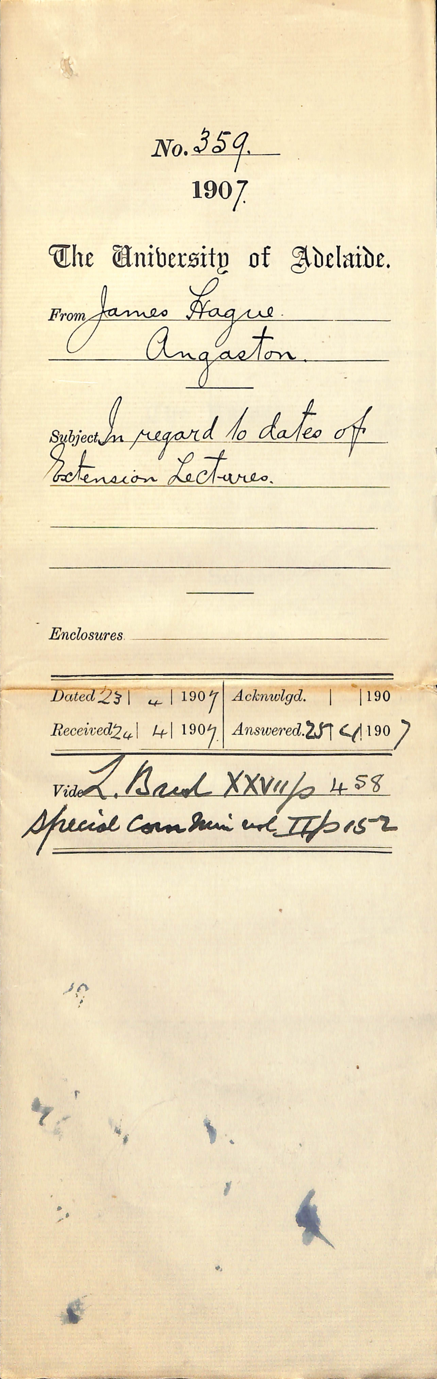 James Hague - Angaston - In regard to dates of Extension Lectures