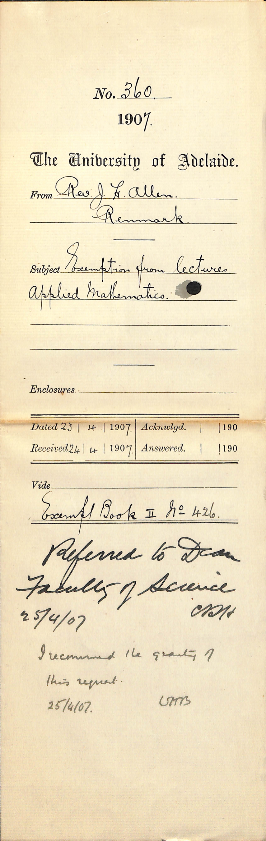 Reverend J H Allen - Renmark - Exemption from lectures Applied Mathematics