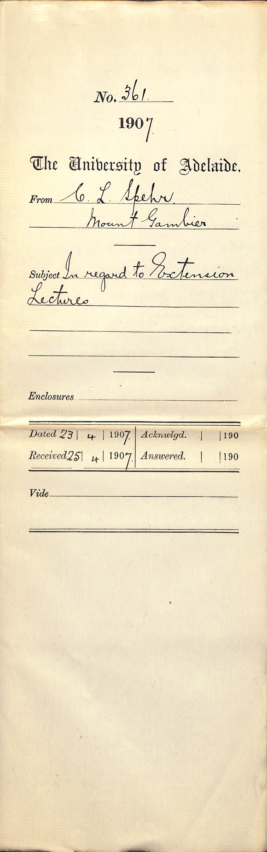 Carl Louis Spehr - Mount Gambier - In regard to Extension Lectures