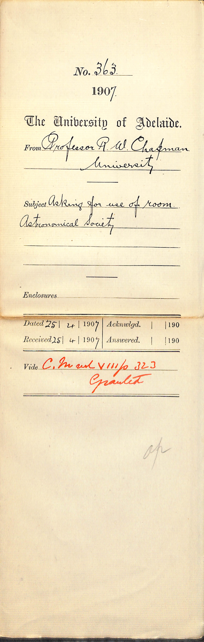 Professor Robert William Chapman - University - Asking for use of room Astronomical Society